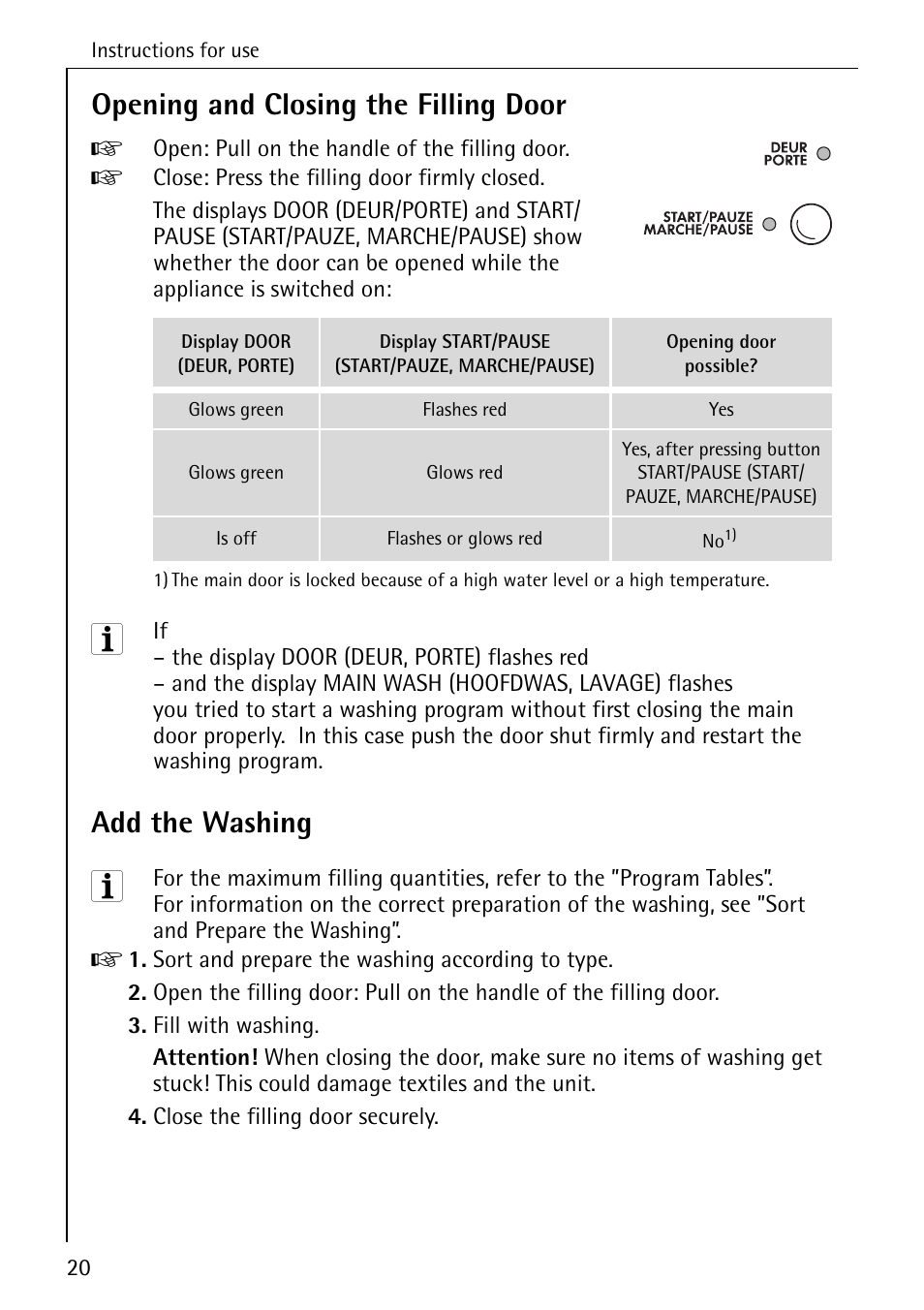 Opening and closing the filling door, Add the washing | AEG LAVAMAT 72330 User Manual | Page 20 / 52