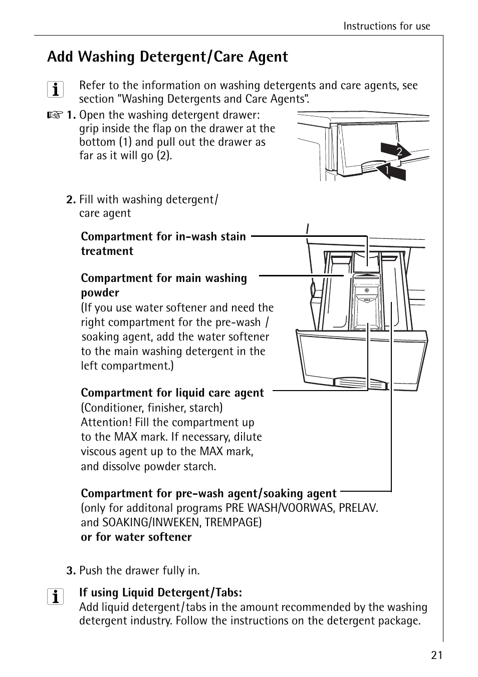 Add washing detergent/care agent | AEG LAVAMAT 72330 User Manual | Page 21 / 52