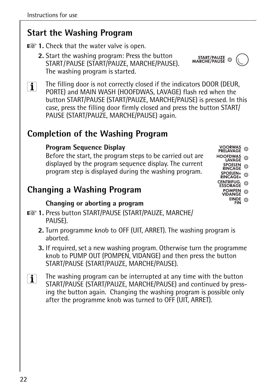 Start the washing program, Completion of the washing program, Changing a washing program | AEG LAVAMAT 72330 User Manual | Page 22 / 52