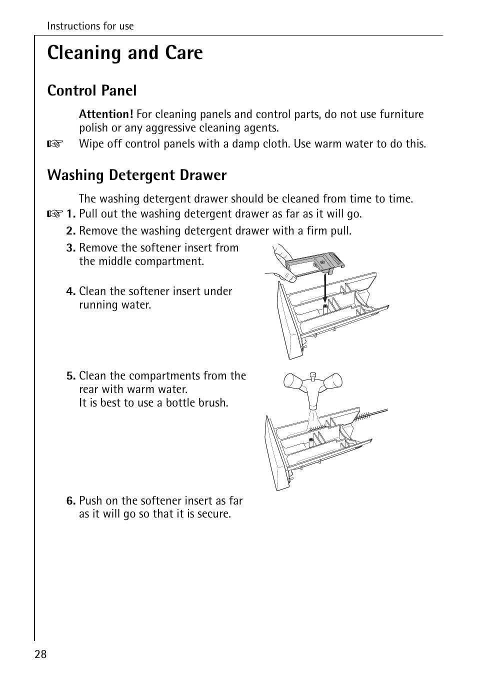 Cleaning and care, Control panel, Washing detergent drawer | AEG LAVAMAT 72330 User Manual | Page 28 / 52