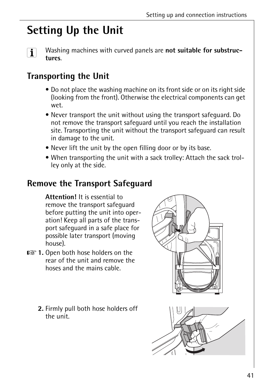 Setting up the unit, Transporting the unit, Remove the transport safeguard | AEG LAVAMAT 72330 User Manual | Page 41 / 52