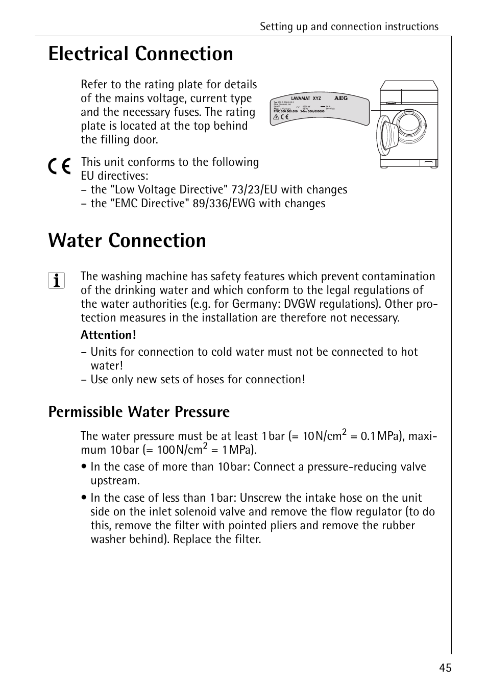 Electrical connection, Water connection, Permissible water pressure | AEG LAVAMAT 72330 User Manual | Page 45 / 52