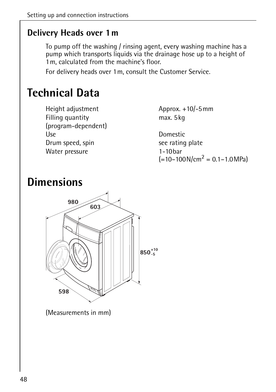 Technical data dimensions, Delivery heads over 1m | AEG LAVAMAT 72330 User Manual | Page 48 / 52