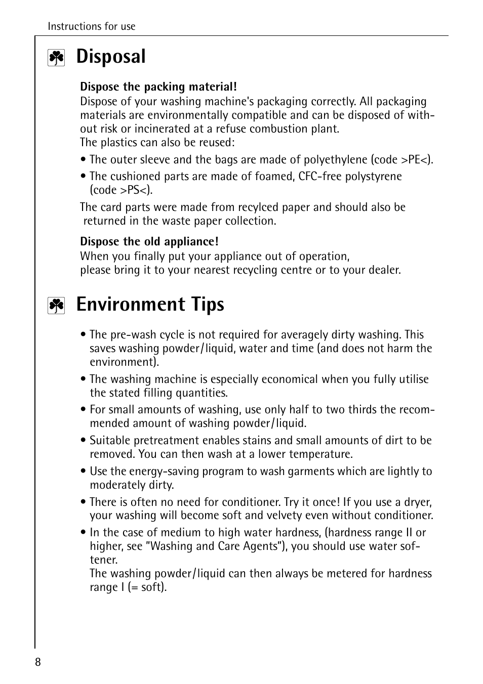 Disposal, Environment tips | AEG LAVAMAT 72330 User Manual | Page 8 / 52