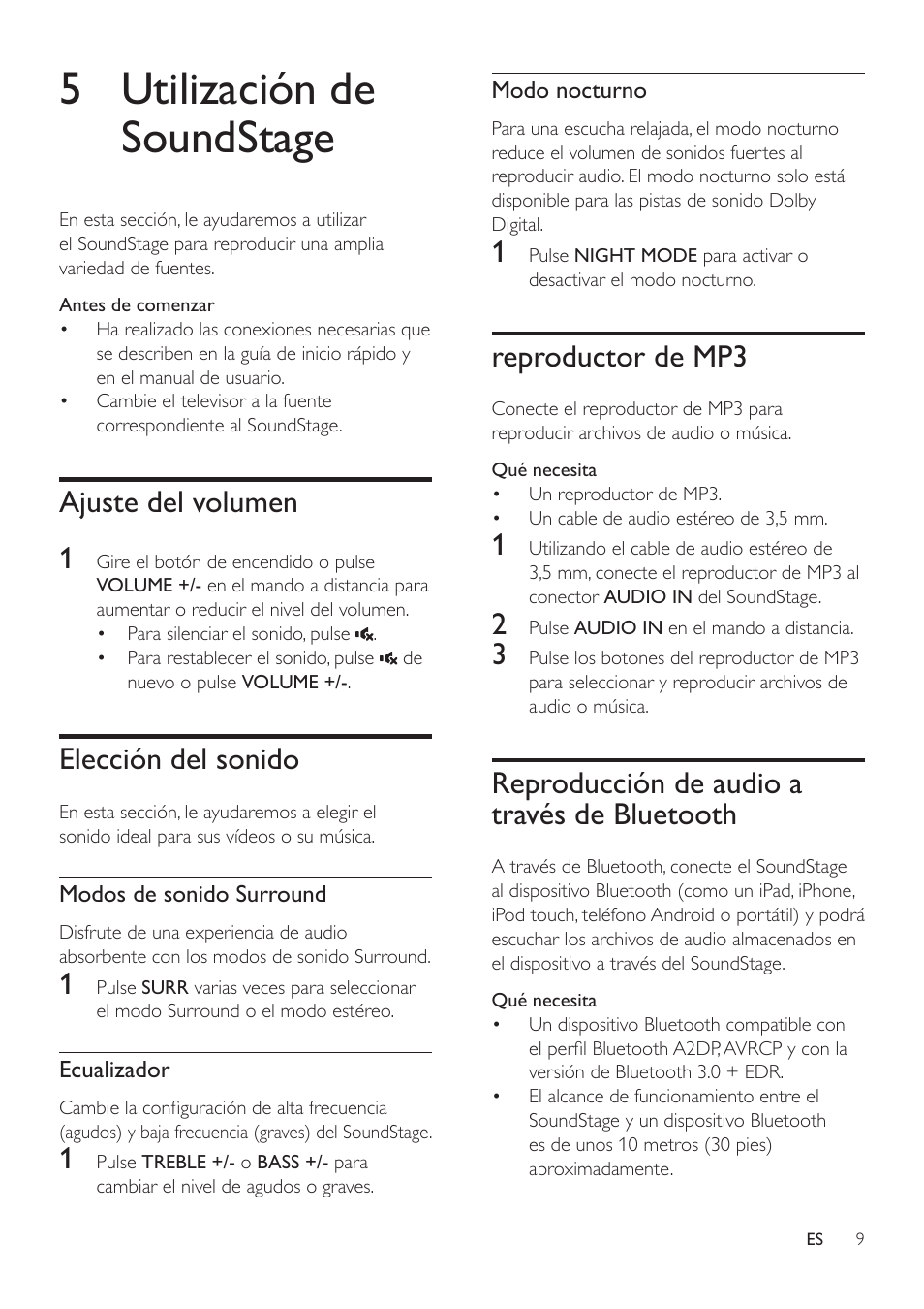 5 utilización de soundstage, Ajuste del volumen, Elección del sonido | Reproductor de mp3, Reproducción de audio a través de bluetooth, Reproducción de audio a través de, Bluetooth 9, Ajuste del volumen 1 | Philips Altavoz SoundStage User Manual | Page 11 / 20