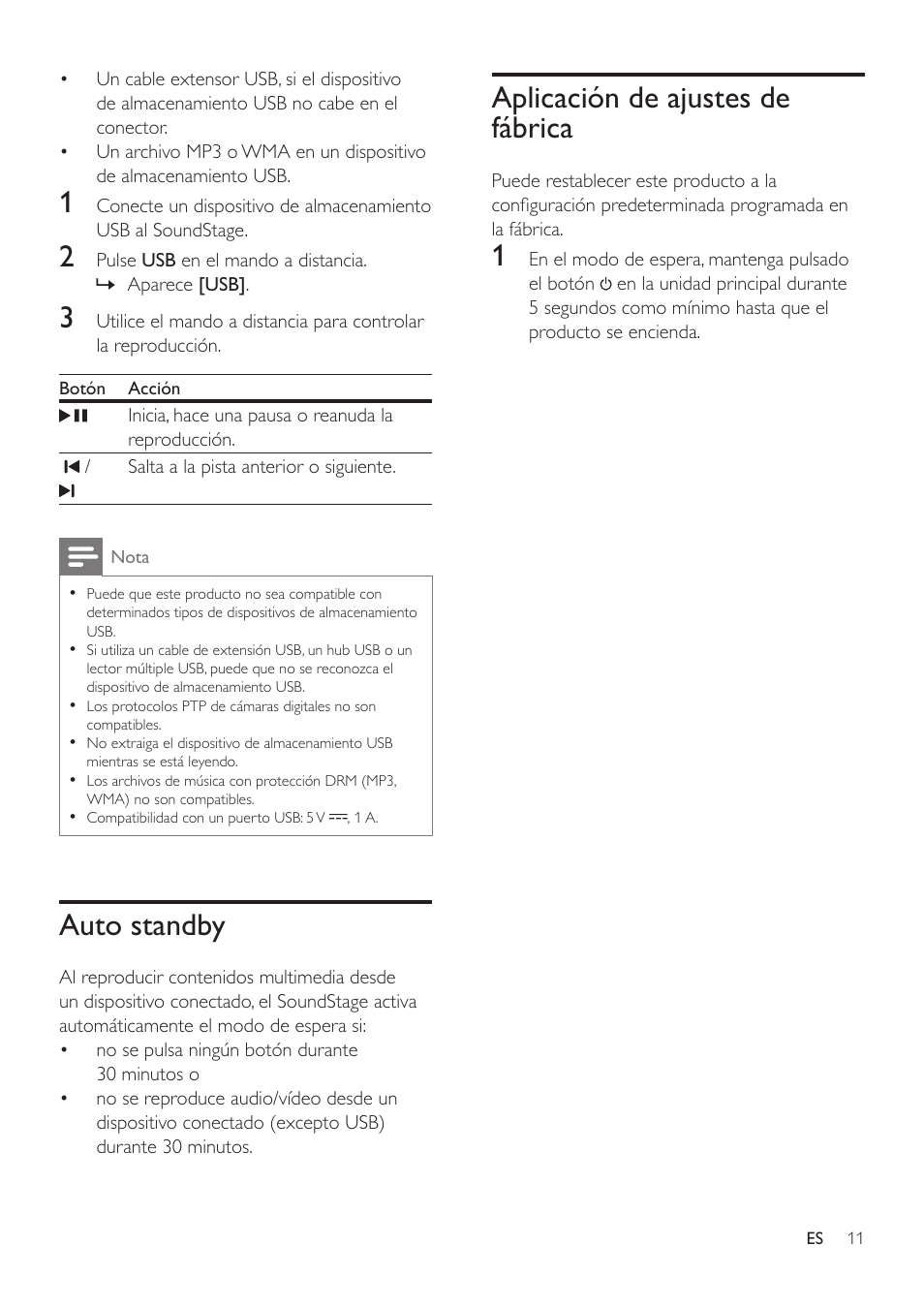 Auto standby, Aplicación de ajustes de fábrica | Philips Altavoz SoundStage User Manual | Page 13 / 20