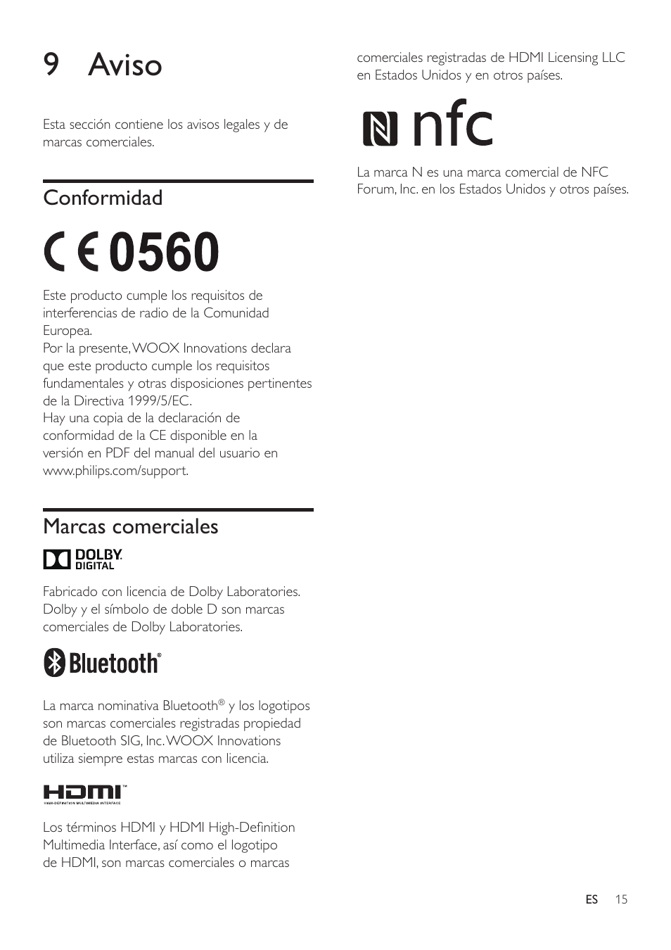 9 aviso, Conformidad, Marcas comerciales | Conformidad 15 | Philips Altavoz SoundStage User Manual | Page 17 / 20