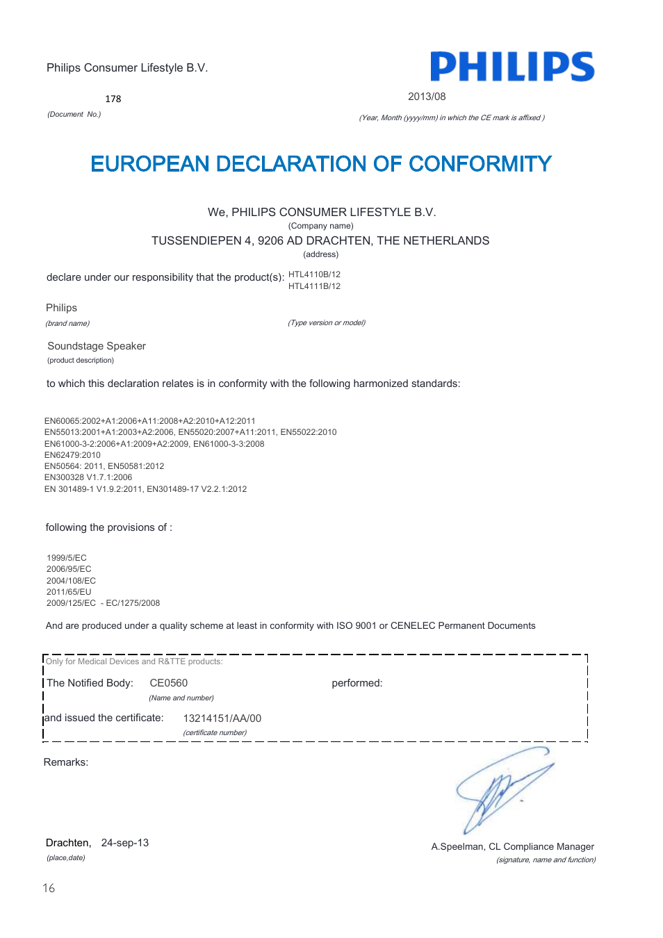 European declaration of conformity | Philips Altavoz SoundStage User Manual | Page 18 / 20