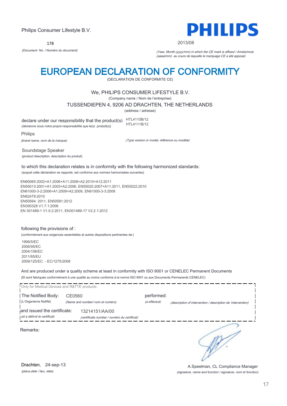 European declaration of conformity | Philips Altavoz SoundStage User Manual | Page 19 / 20