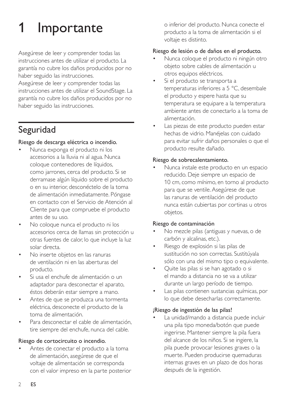 1 importante, Seguridad, Seguridad 2 | Philips Altavoz SoundStage User Manual | Page 4 / 20