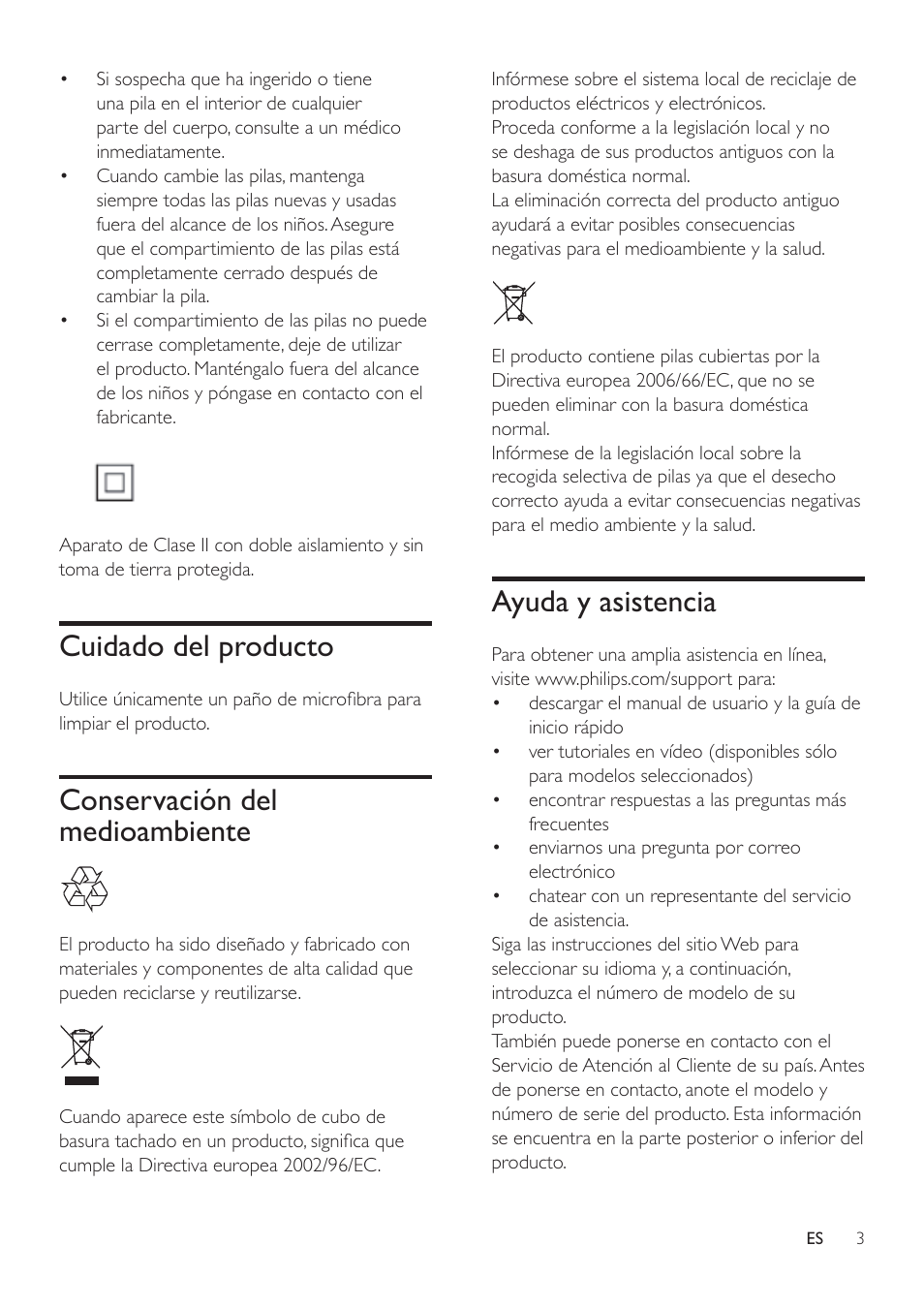 Cuidado del producto, Conservación del medioambiente, Ayuda y asistencia | Philips Altavoz SoundStage User Manual | Page 5 / 20