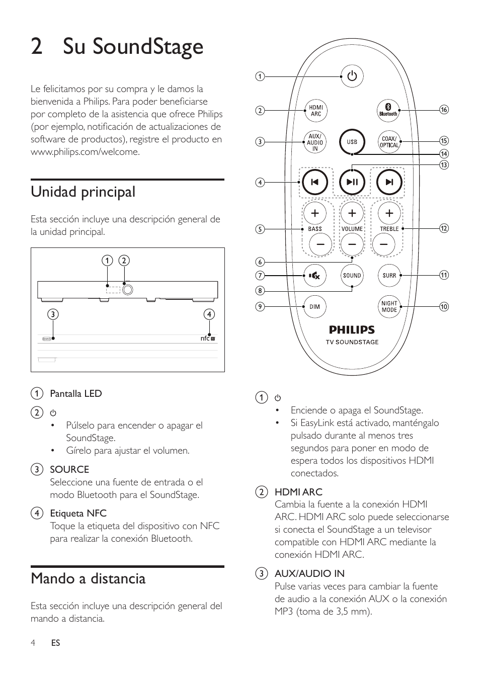 2 su soundstage, Unidad principal, Mando a distancia | Philips Altavoz SoundStage User Manual | Page 6 / 20