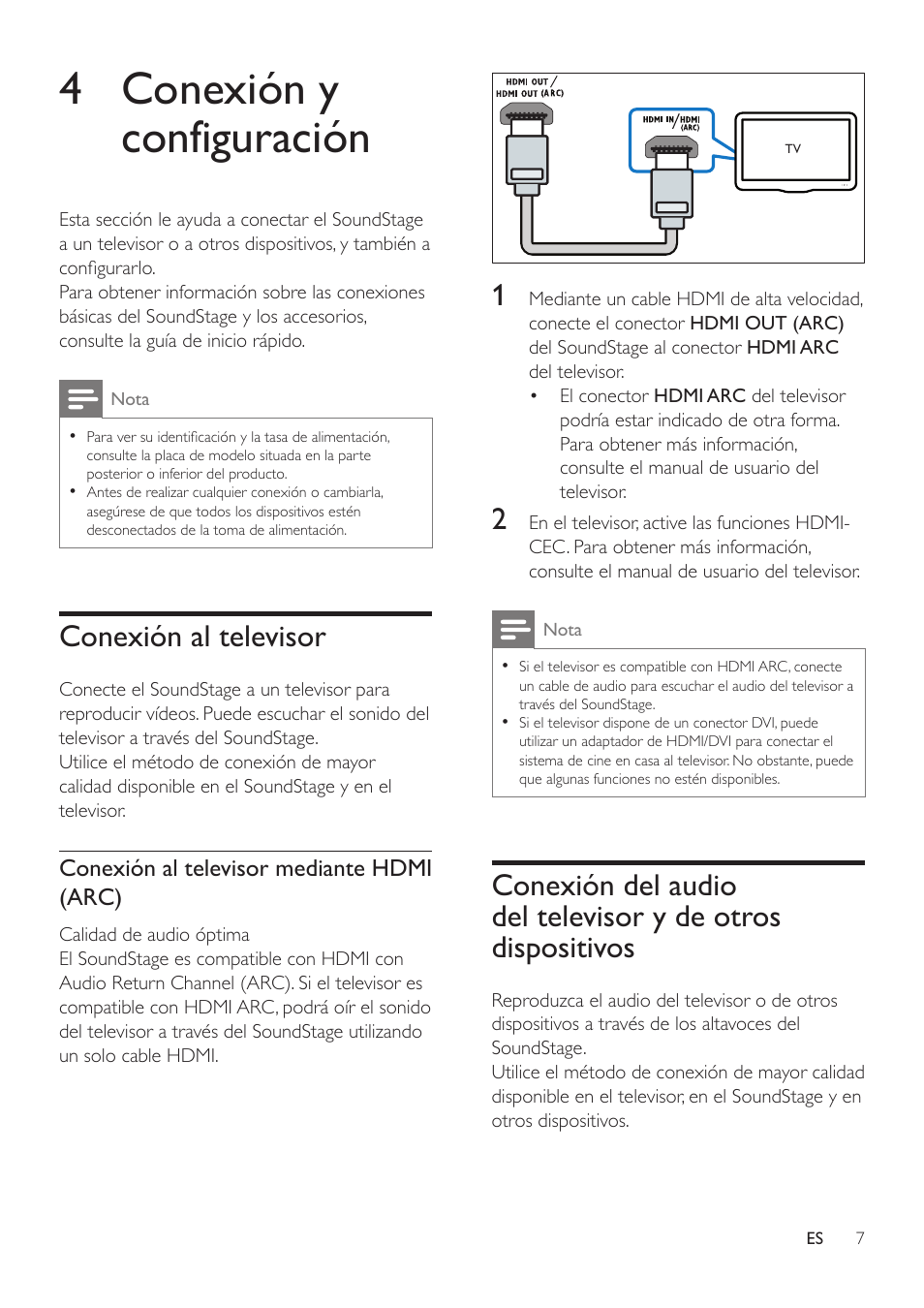 4 conexión y configuración, Conexión al televisor, Conexión del audio del televisor y de | Otros dispositivos | Philips Altavoz SoundStage User Manual | Page 9 / 20