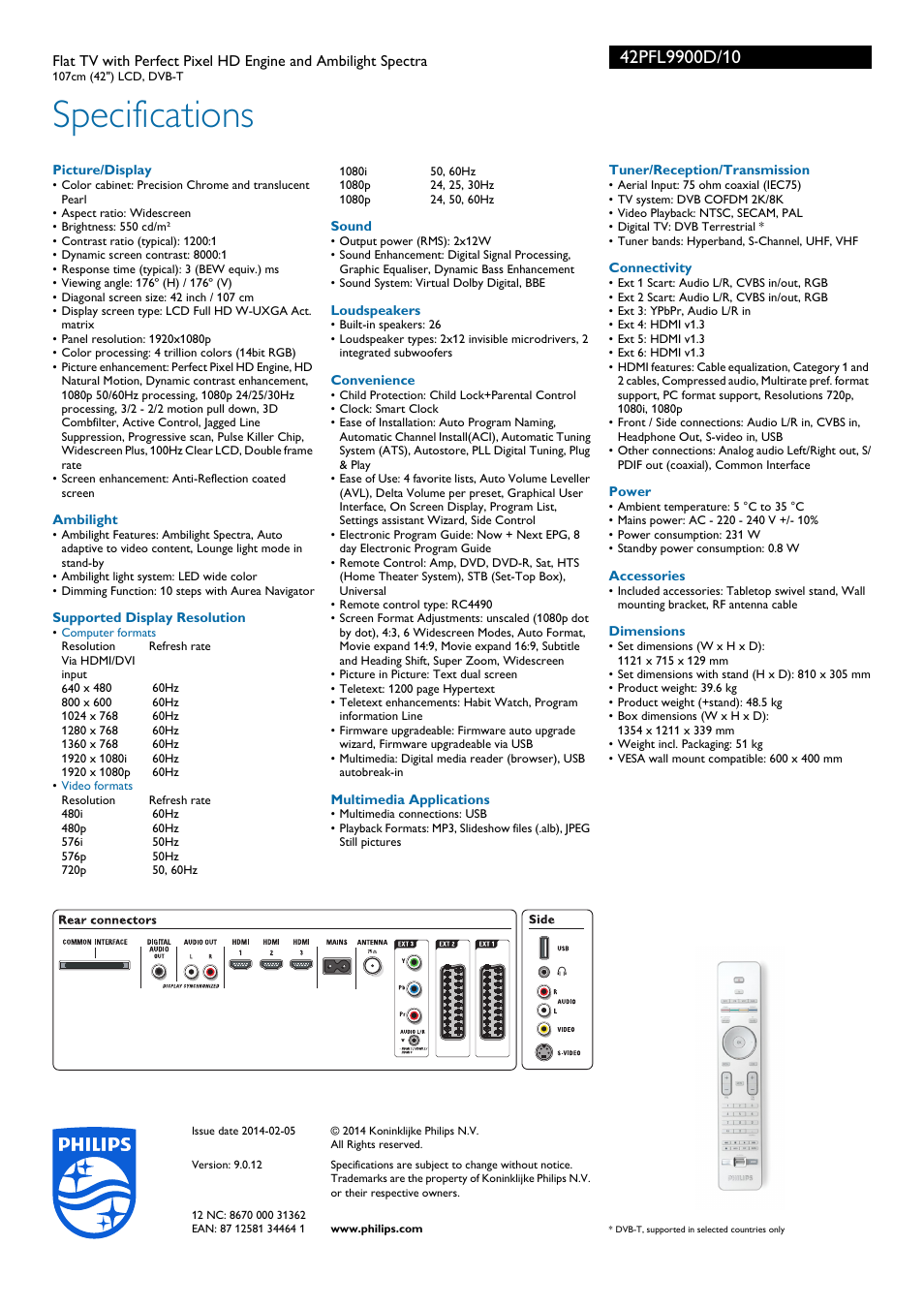 Specifications | Philips Aurea Flat TV User Manual | Page 3 / 3
