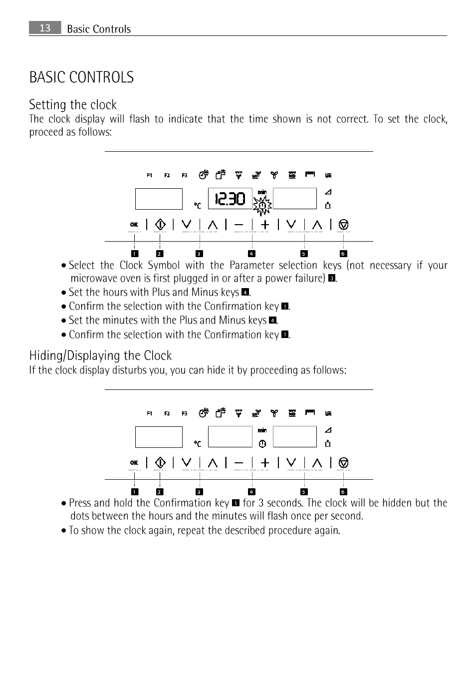 Basic controls, 13 basic controls, Setting the clock | Hiding/displaying the clock | AEG MCC 3881 E-M  EN User Manual | Page 14 / 46