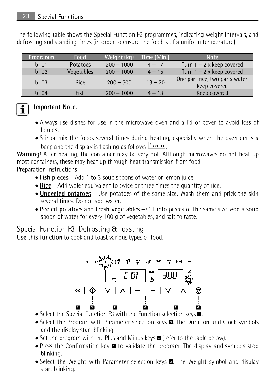 Important note, Special function f3: defrosting ft toasting | AEG MCC 3881 E-M  EN User Manual | Page 24 / 46