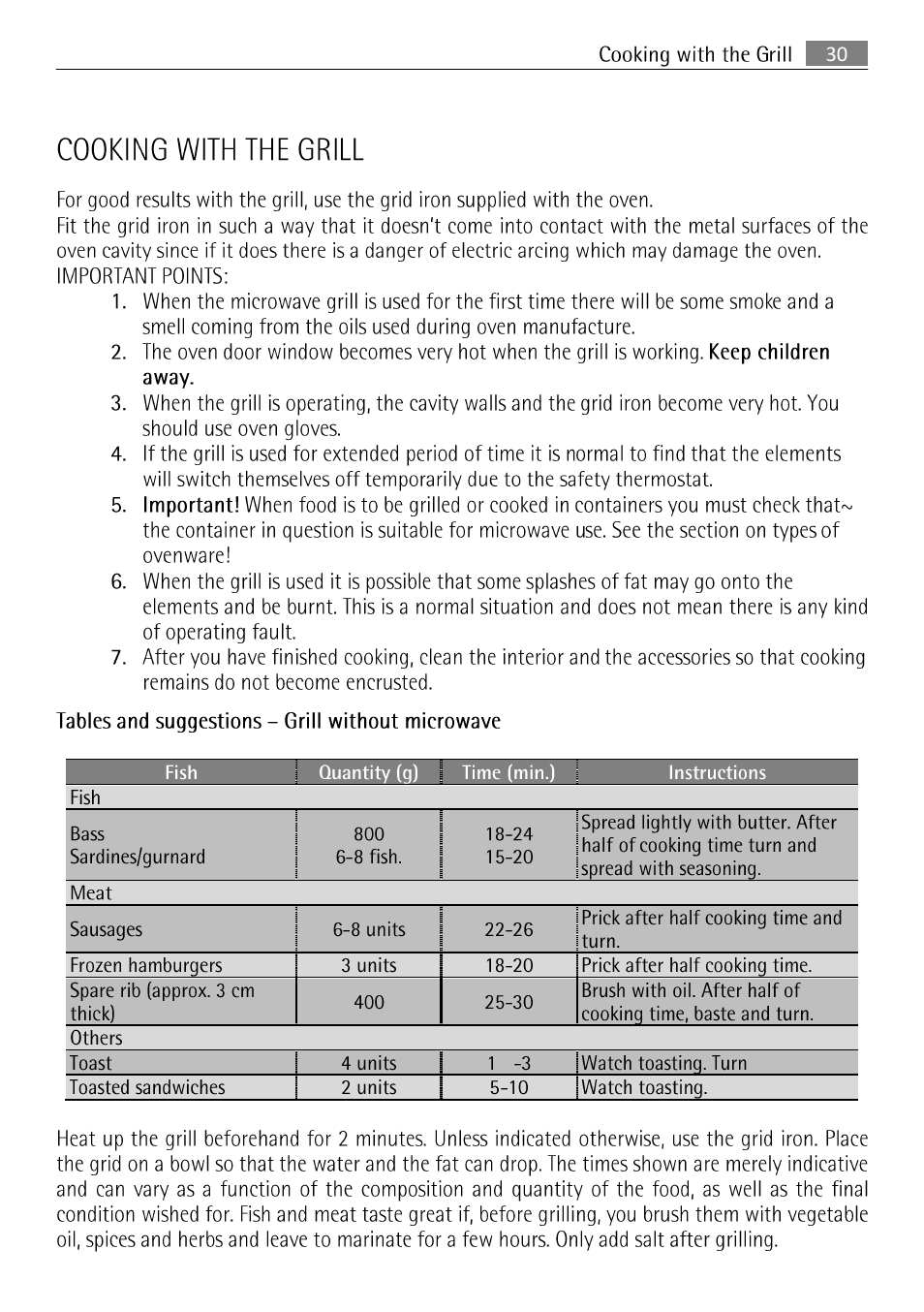 Cooking with the grill, 30 oven | AEG MCC 3881 E-M  EN User Manual | Page 31 / 46