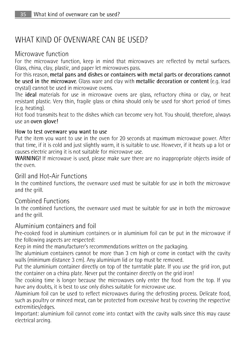 What kind of ovenware can be used, 35 roasting and baking, What kind of ovenware can be | Microwave function, Grill and hot-air functions, Combined functions, Aluminium containers and foil | AEG MCC 3881 E-M  EN User Manual | Page 36 / 46