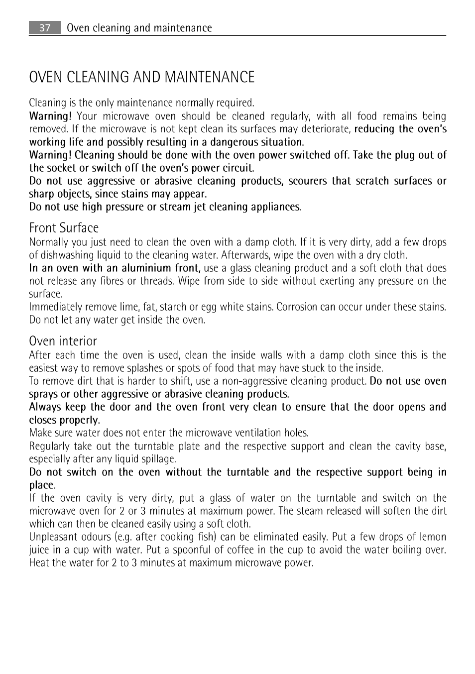 Oven cleaning and maintenance, 37 used, Front surface | Oven interior | AEG MCC 3881 E-M  EN User Manual | Page 38 / 46