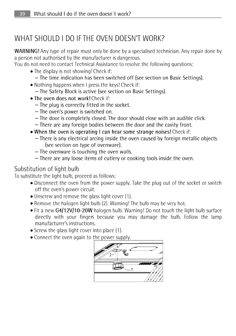 What should i do if the oven doesn't work, 39 oven cleaning and maintenance, What should | Do if the oven, Substitution of light bulb | AEG MCC 3881 E-M  EN User Manual | Page 40 / 46