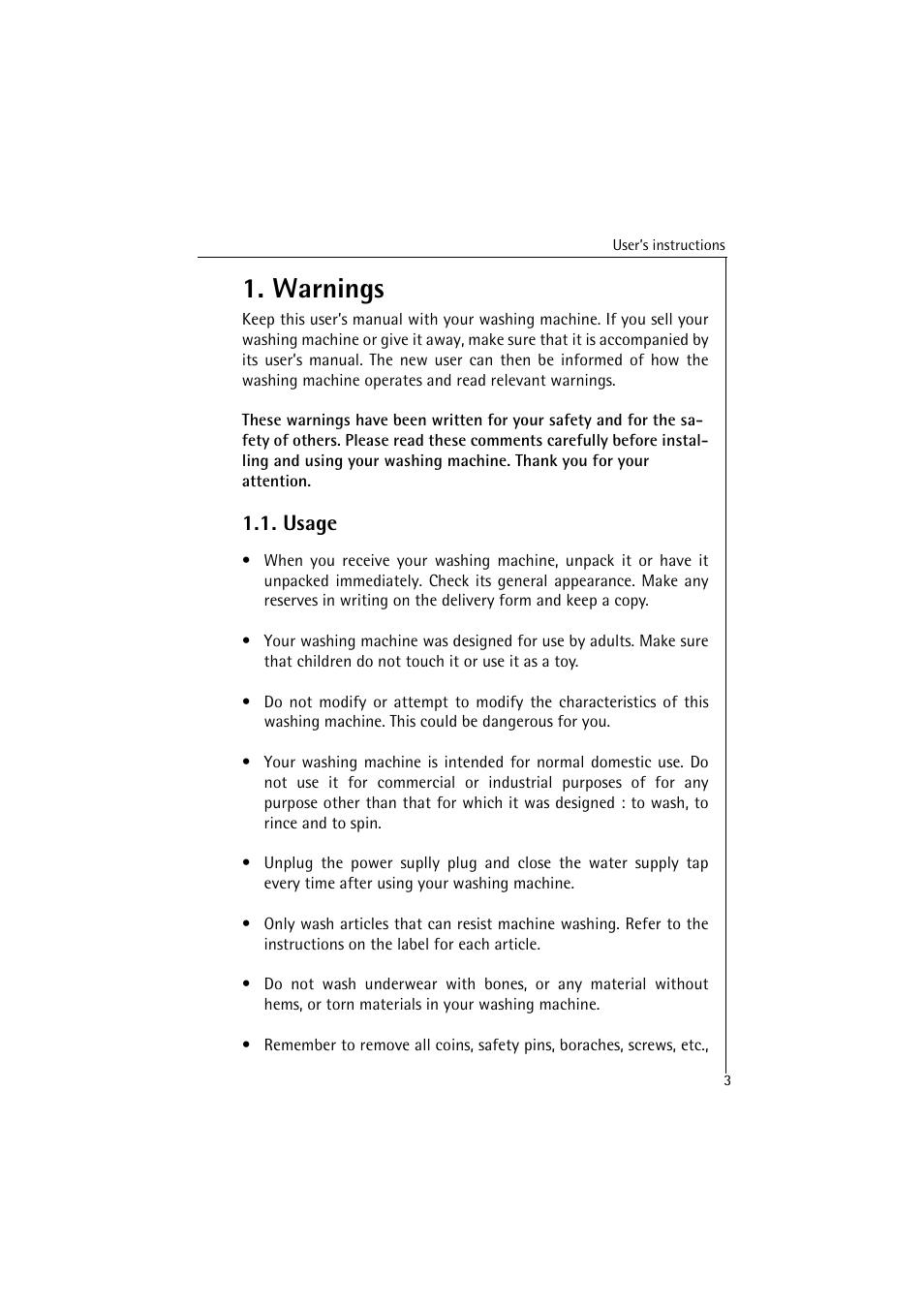 Warnings, Usage | AEG LAVAMAT 40820 User Manual | Page 3 / 32