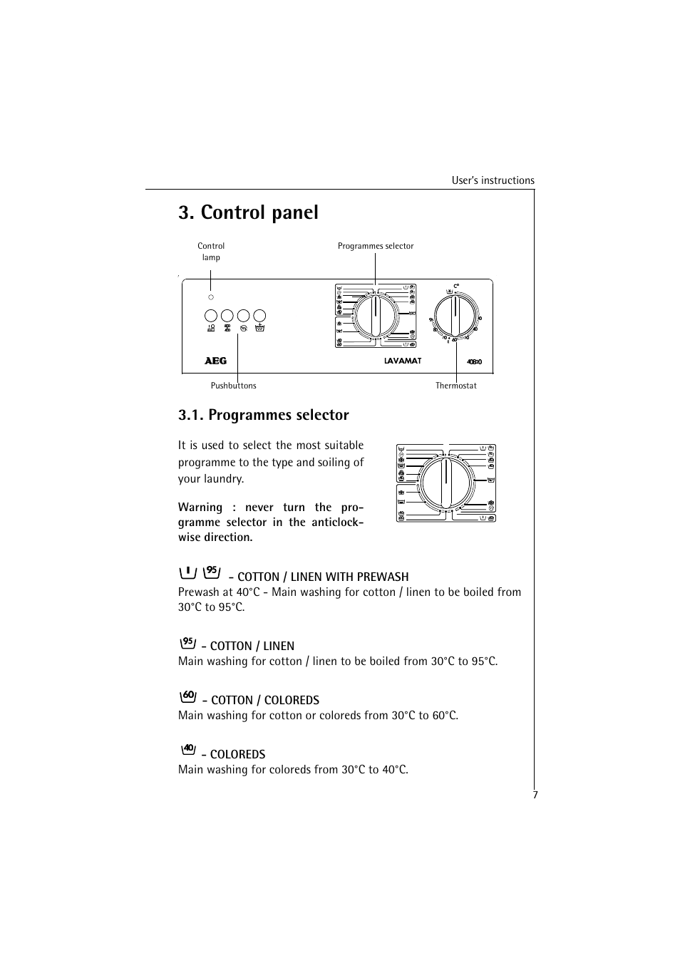 Control panel, Programmes selector | AEG LAVAMAT 40820 User Manual | Page 7 / 32