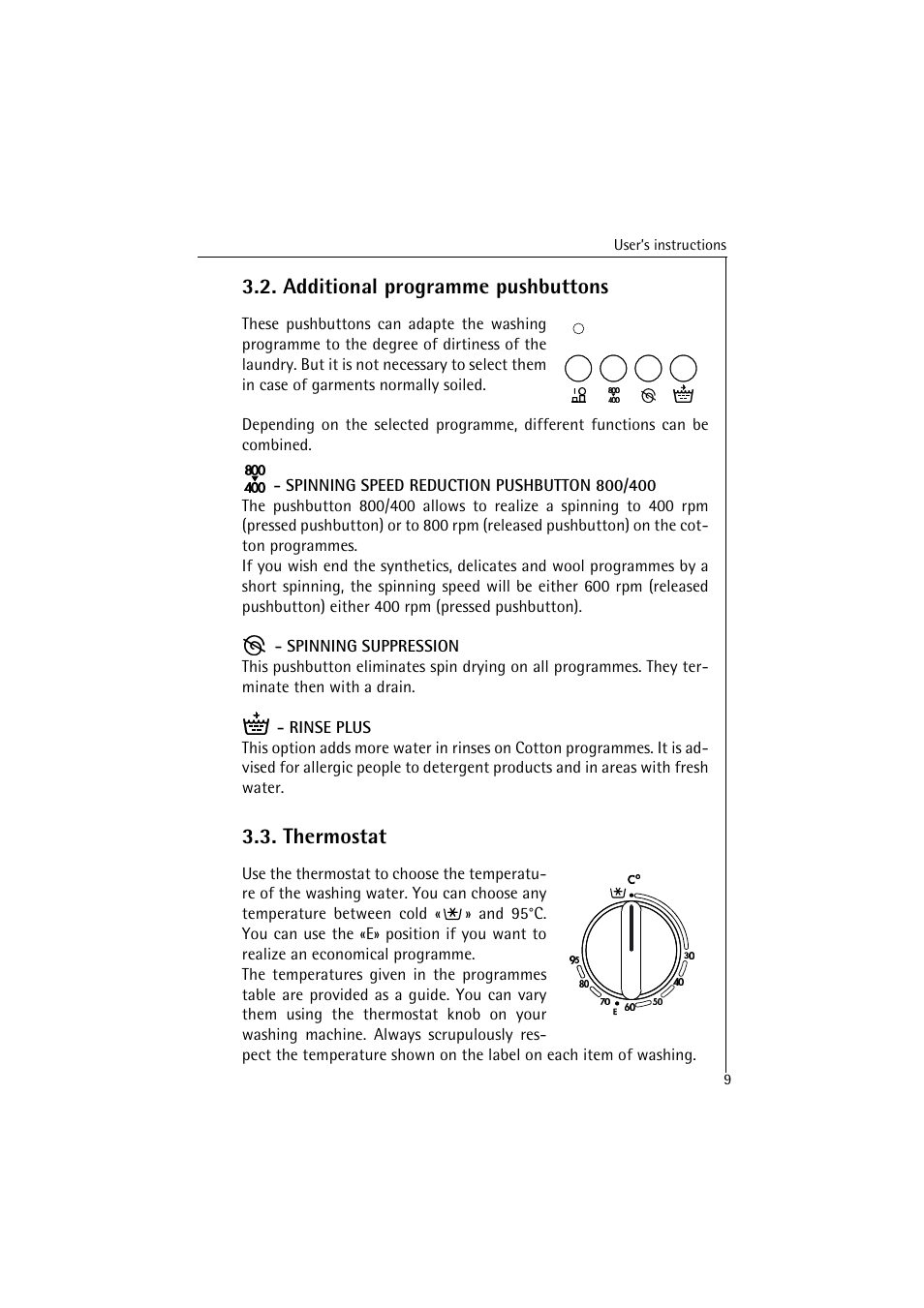 Additional programme pushbuttons, Thermostat | AEG LAVAMAT 40820 User Manual | Page 9 / 32