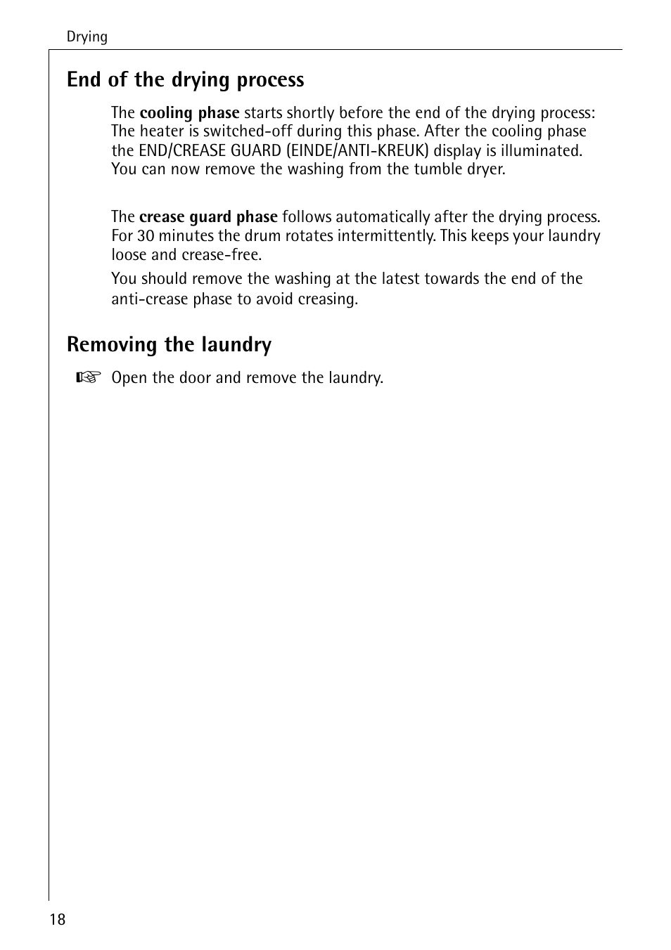 End of the drying process, Removing the laundry | AEG LAVATHERM T 520 User Manual | Page 18 / 36