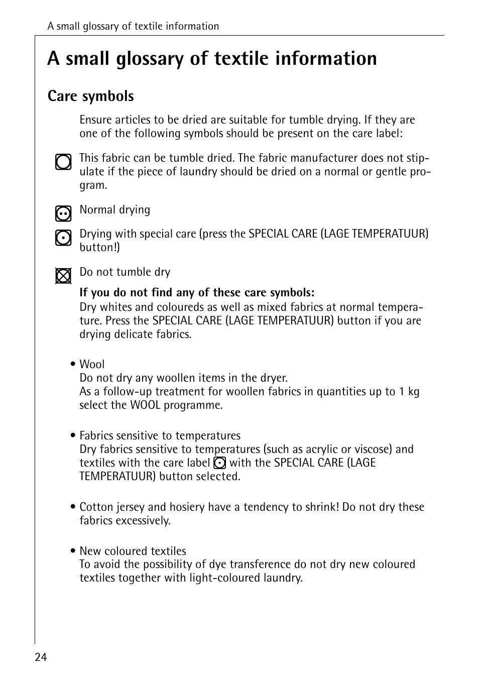 A small glossary of textile information, Care symbols | AEG LAVATHERM T 520 User Manual | Page 24 / 36
