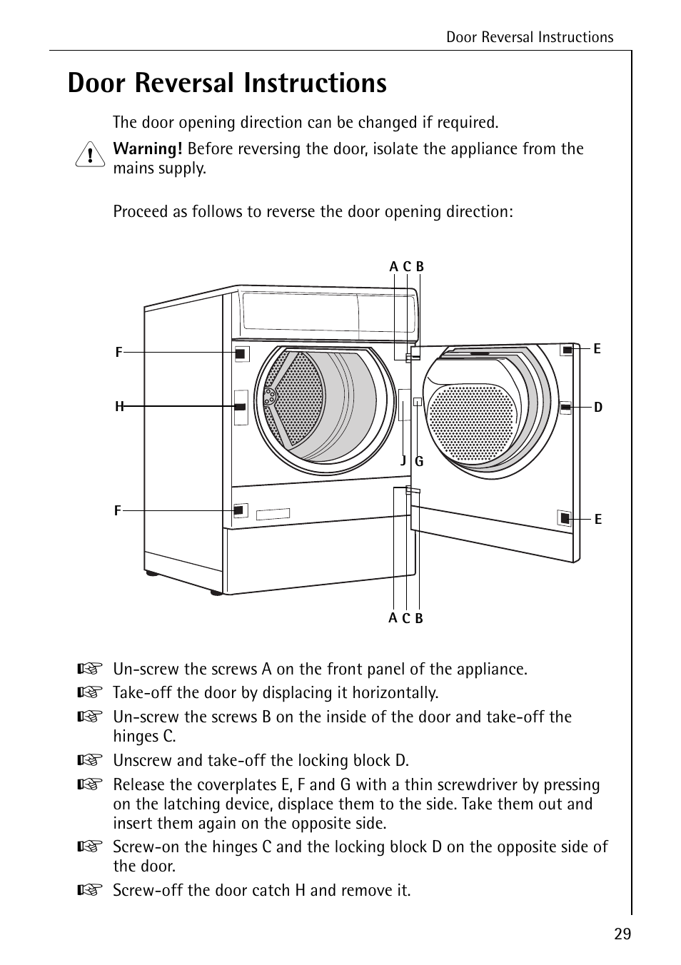 Door reversal instructions | AEG LAVATHERM T 520 User Manual | Page 29 / 36