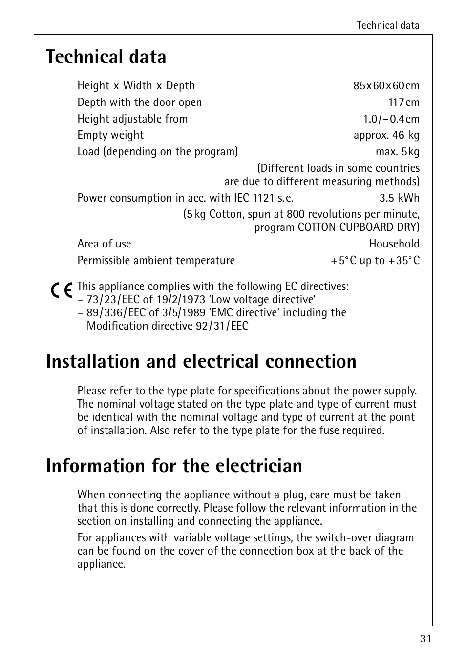 Technical data, Installation and electrical connection, Information for the electrician | AEG LAVATHERM T 520 User Manual | Page 31 / 36
