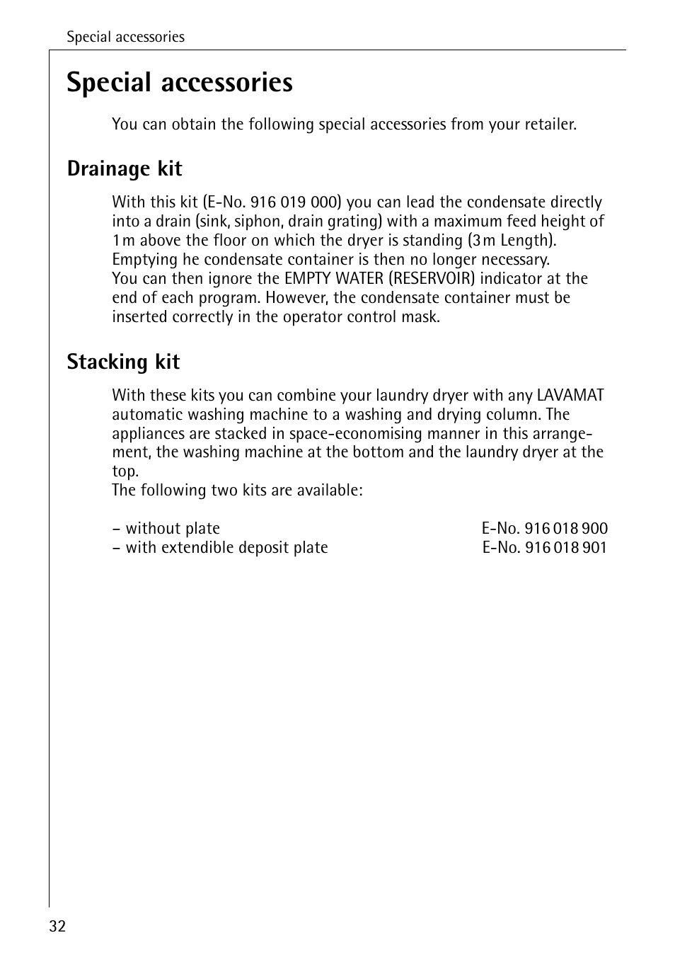 Special accessories, Drainage kit, Stacking kit | AEG LAVATHERM T 520 User Manual | Page 32 / 36