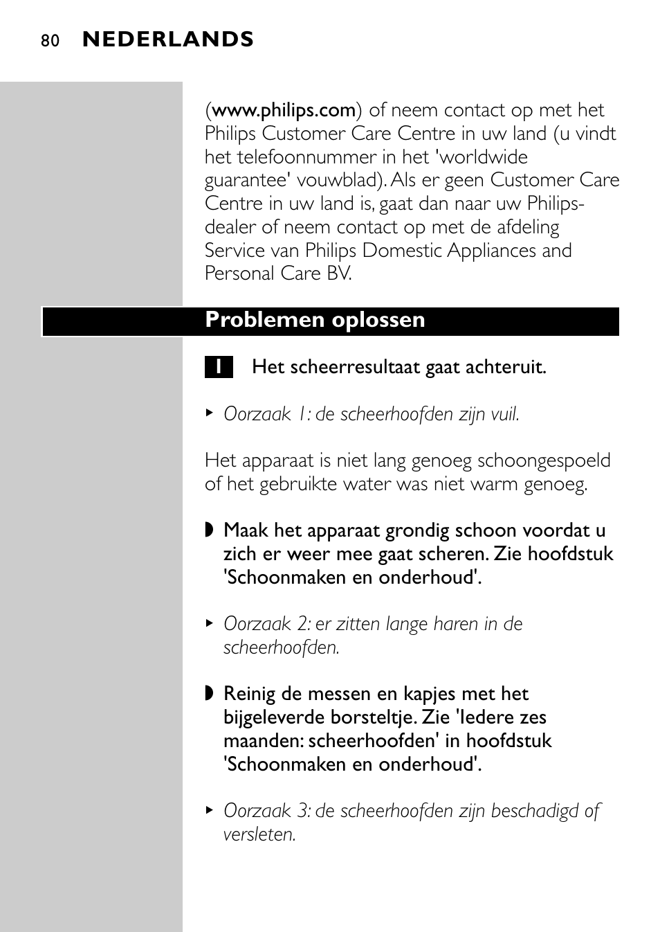 Problemen oplossen, Nederlands | Philips Afeitadora eléctrica User Manual | Page 78 / 160