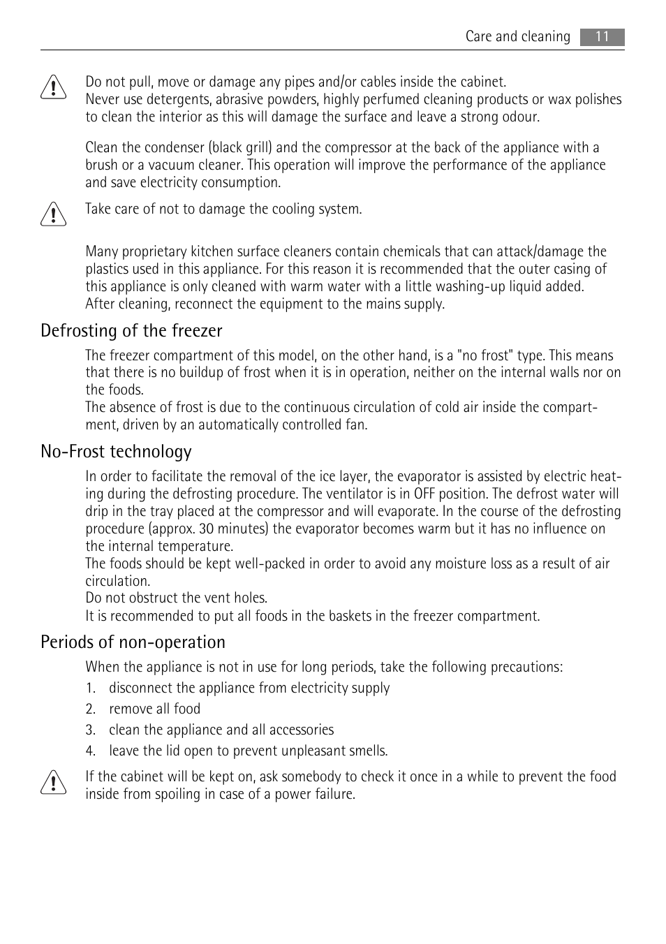 Defrosting of the freezer, No-frost technology, Periods of non-operation | AEG A81000TNW0 User Manual | Page 11 / 20