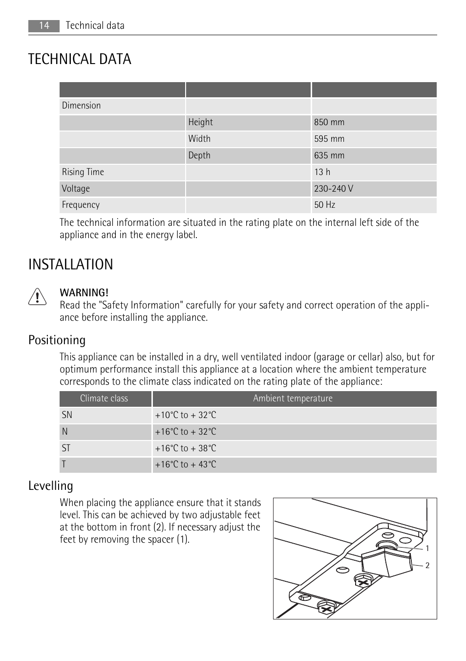 Technical data, Installation, Positioning | Levelling | AEG A81000TNW0 User Manual | Page 14 / 20