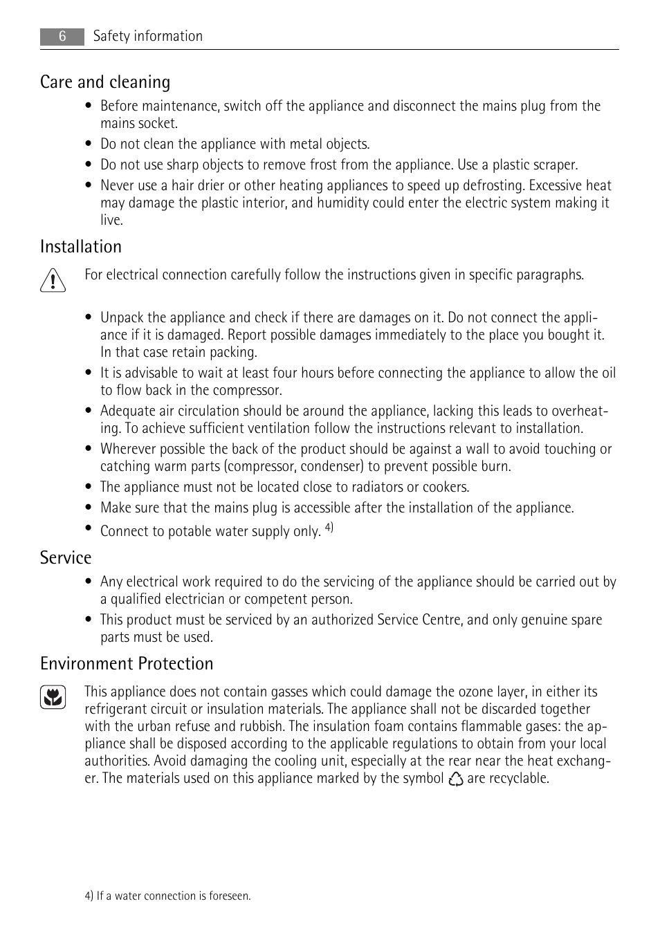 Care and cleaning, Installation, Service | Environment protection | AEG A81000TNW0 User Manual | Page 6 / 20