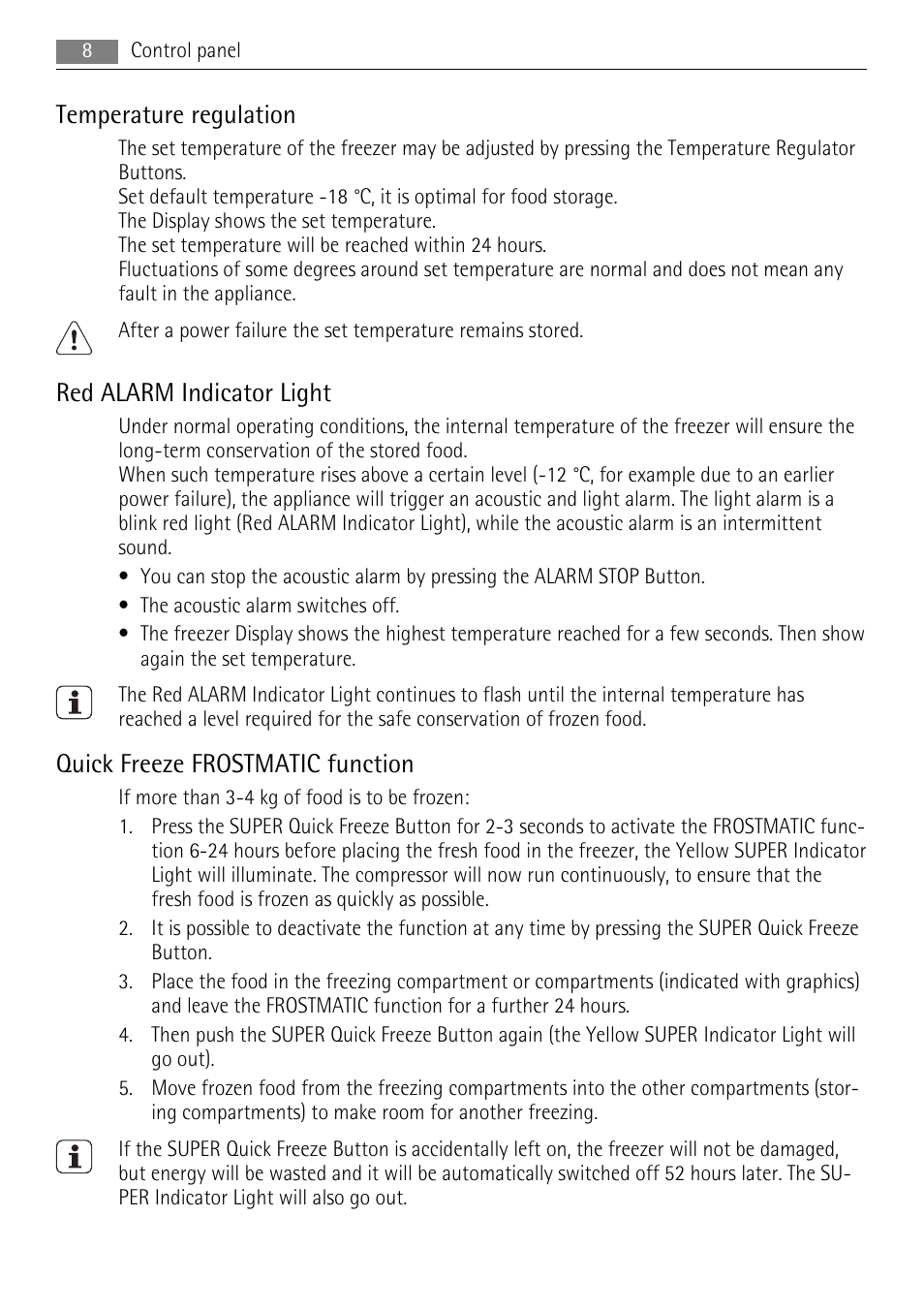 Temperature regulation, Red alarm indicator light, Quick freeze frostmatic function | AEG A81000TNW0 User Manual | Page 8 / 20