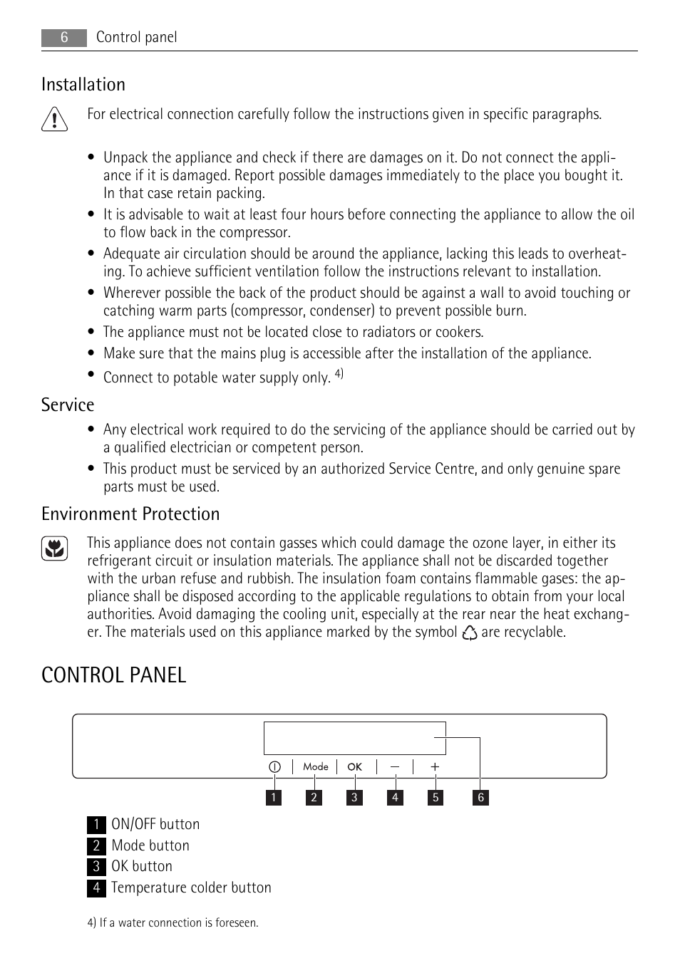 Control panel, Installation, Service | Environment protection | AEG AGN71200F0 User Manual | Page 6 / 20