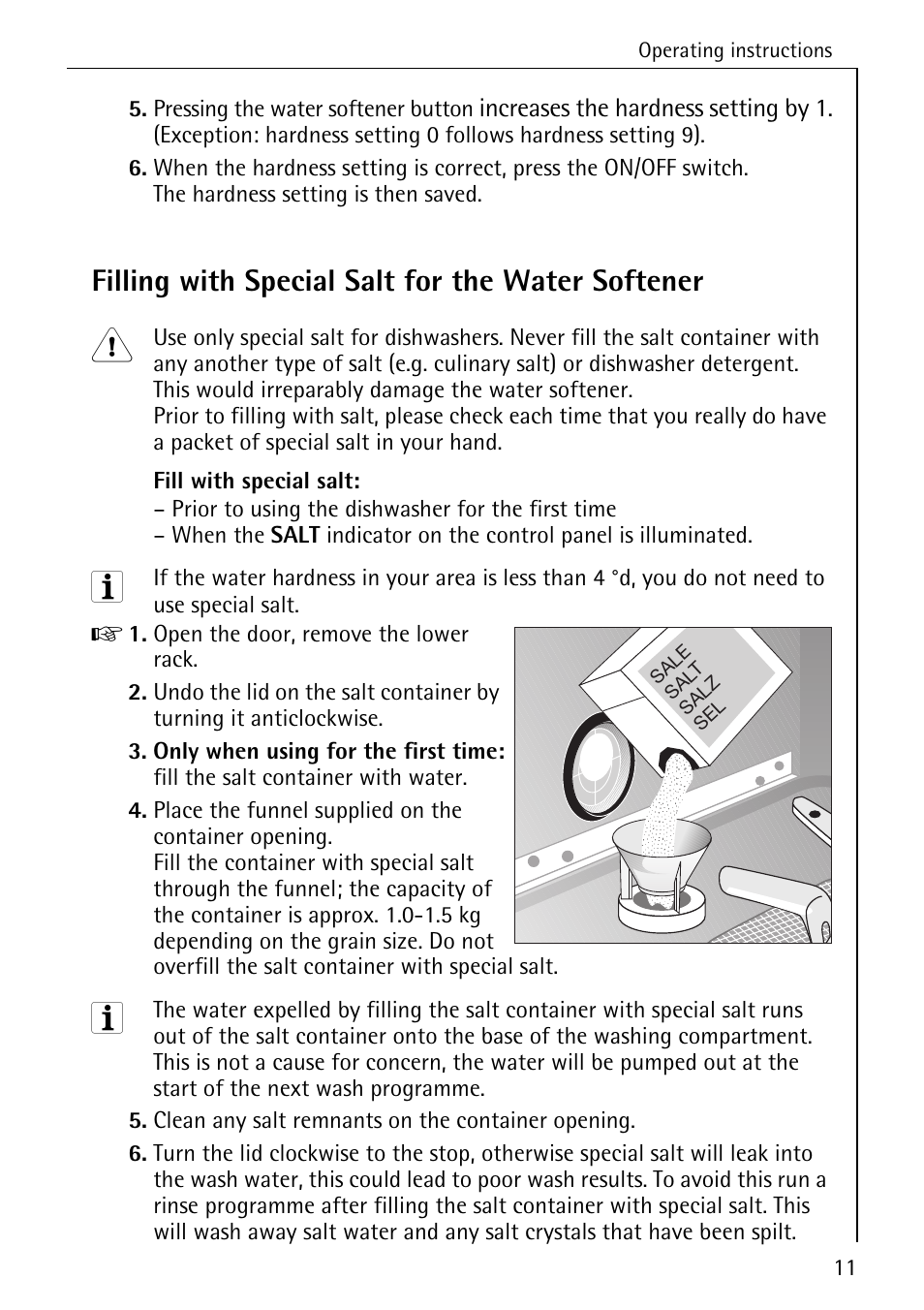 Filling with special salt for the water softener | AEG KO_FAVORIT 4270 I User Manual | Page 11 / 44