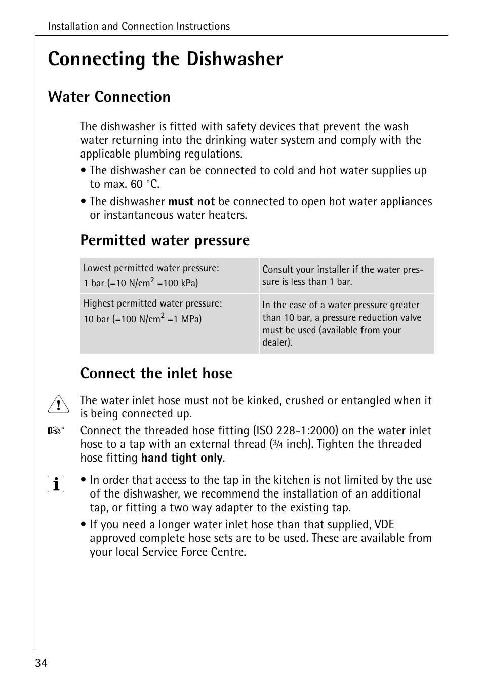 Connecting the dishwasher, Water connection, Permitted water pressure connect the inlet hose | AEG KO_FAVORIT 4270 I User Manual | Page 34 / 44