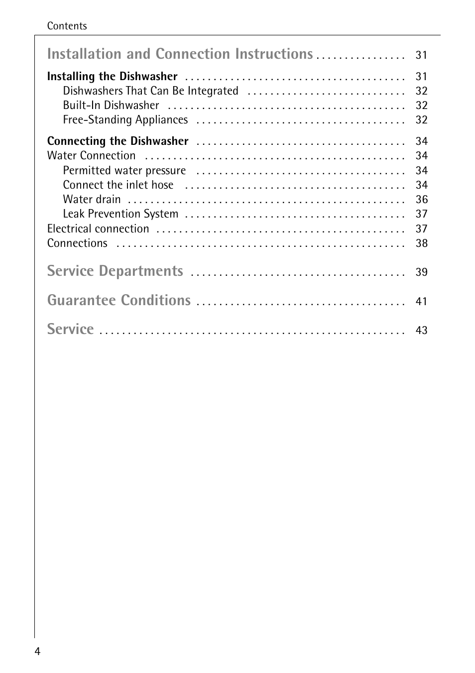 Installation and connection instructions, Service departments, Guarantee conditions | Service | AEG KO_FAVORIT 4270 I User Manual | Page 4 / 44