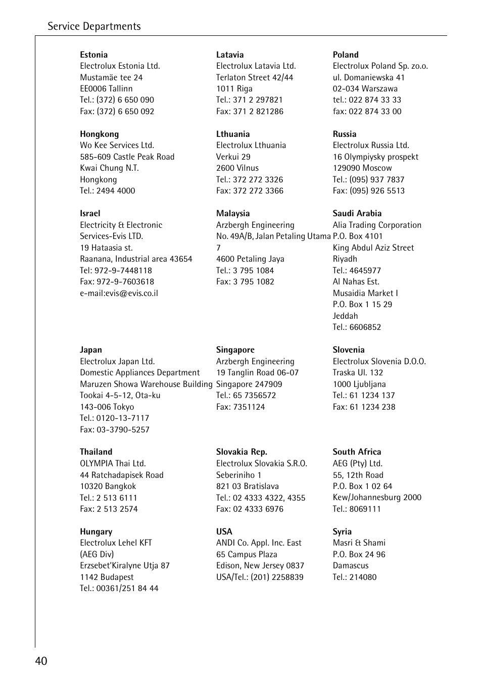 Service departments | AEG KO_FAVORIT 4270 I User Manual | Page 40 / 44