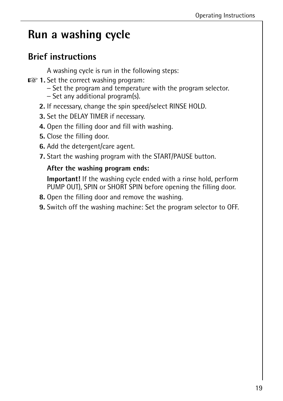 Run a washing cycle, Brief instructions | AEG OKO-LAVAMAT 76760 User Manual | Page 19 / 60