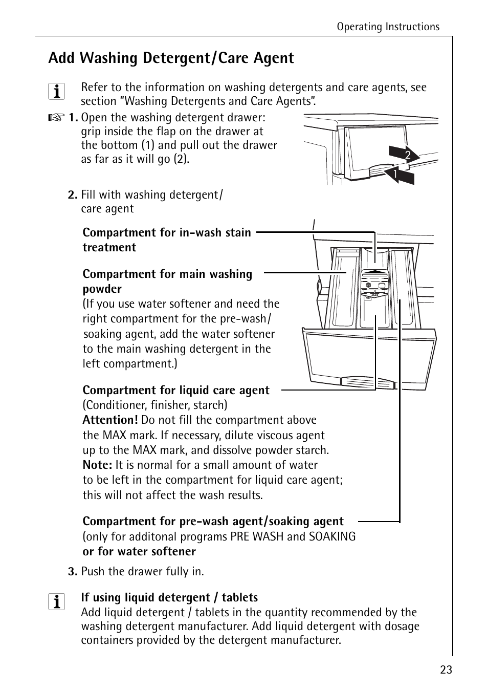 Add washing detergent/care agent | AEG OKO-LAVAMAT 76760 User Manual | Page 23 / 60