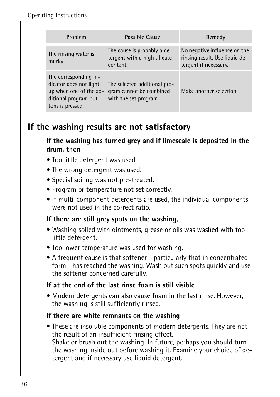 If the washing results are not satisfactory | AEG OKO-LAVAMAT 76760 User Manual | Page 36 / 60