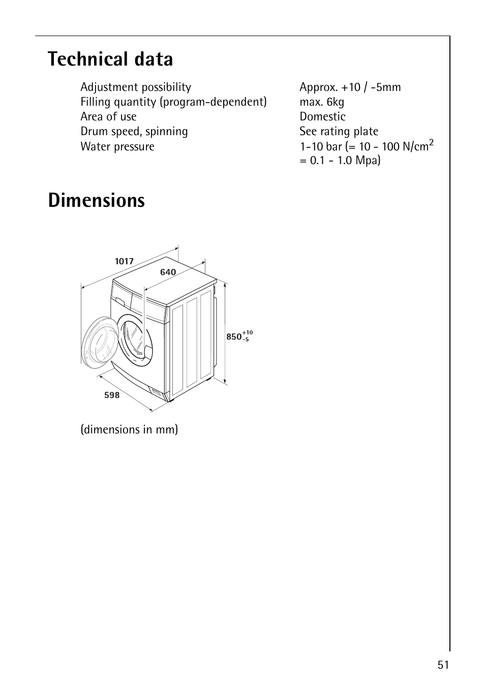 Technical data dimensions | AEG OKO-LAVAMAT 76760 User Manual | Page 51 / 60