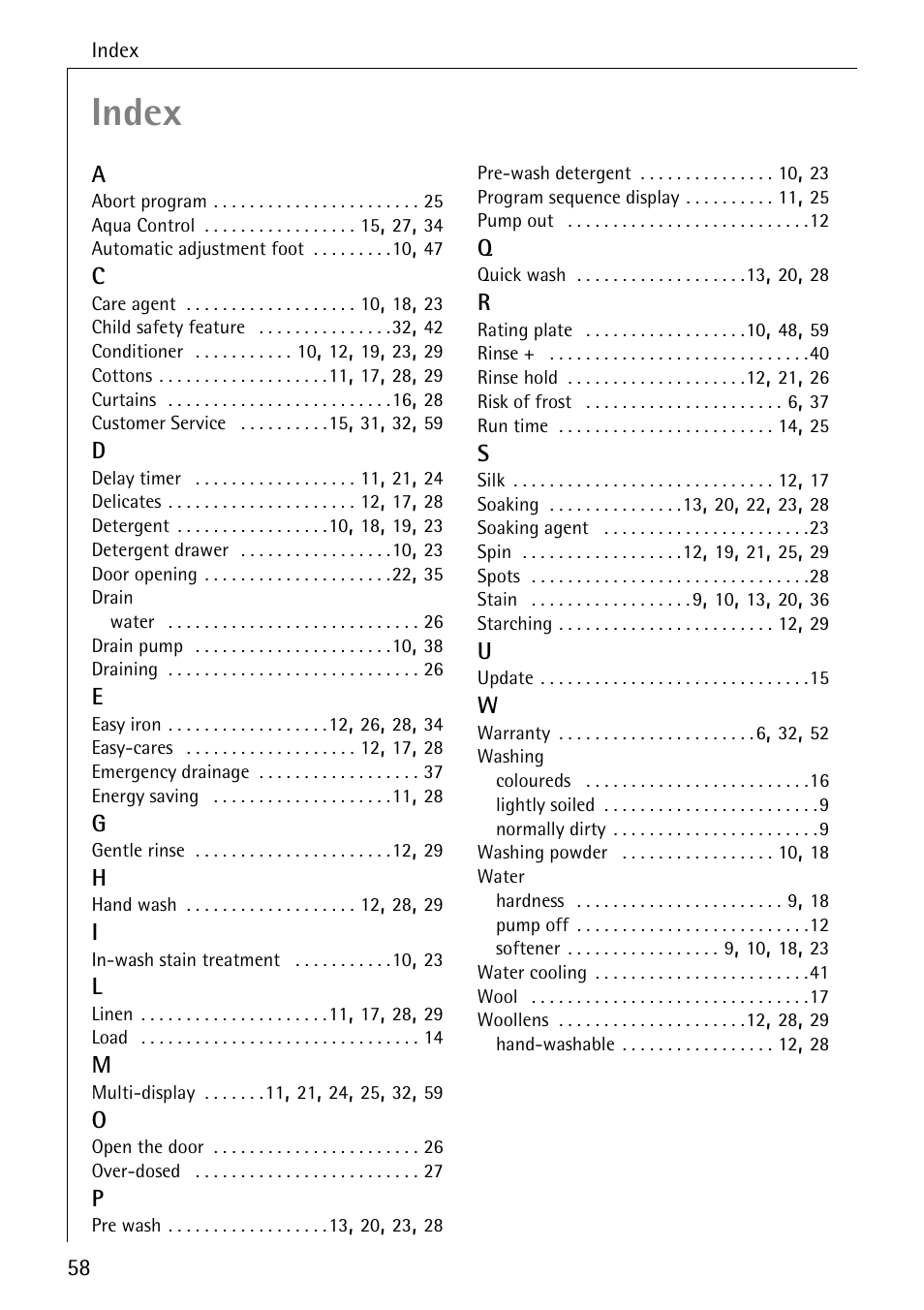 Index | AEG OKO-LAVAMAT 76760 User Manual | Page 58 / 60