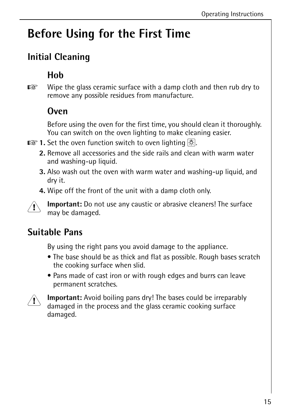 Before using for the first time, Initial cleaning hob, Oven | Suitable pans | AEG COMPETENCE 5033 V User Manual | Page 15 / 52
