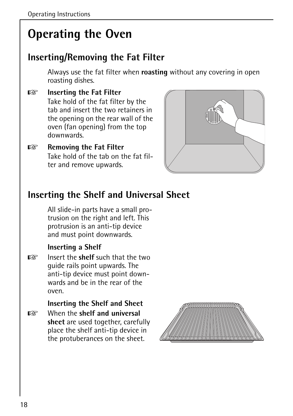 Operating the oven, Inserting/removing the fat filter, Inserting the shelf and universal sheet | AEG COMPETENCE 5033 V User Manual | Page 18 / 52