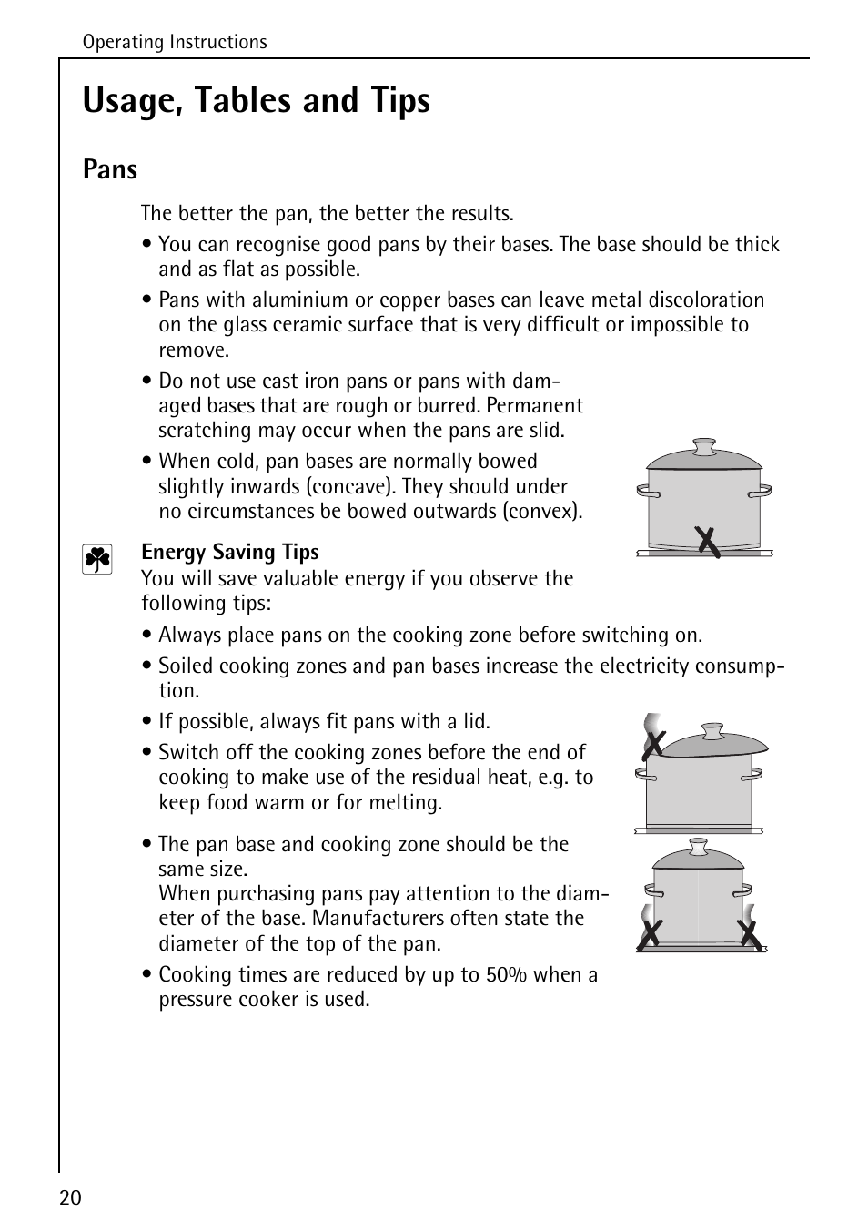 Usage, tables and tips, Pans | AEG COMPETENCE 5033 V User Manual | Page 20 / 52